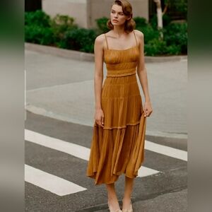 Anthropologie Gold Bronze Tiered Ruched Sundress Size 10 NWOT